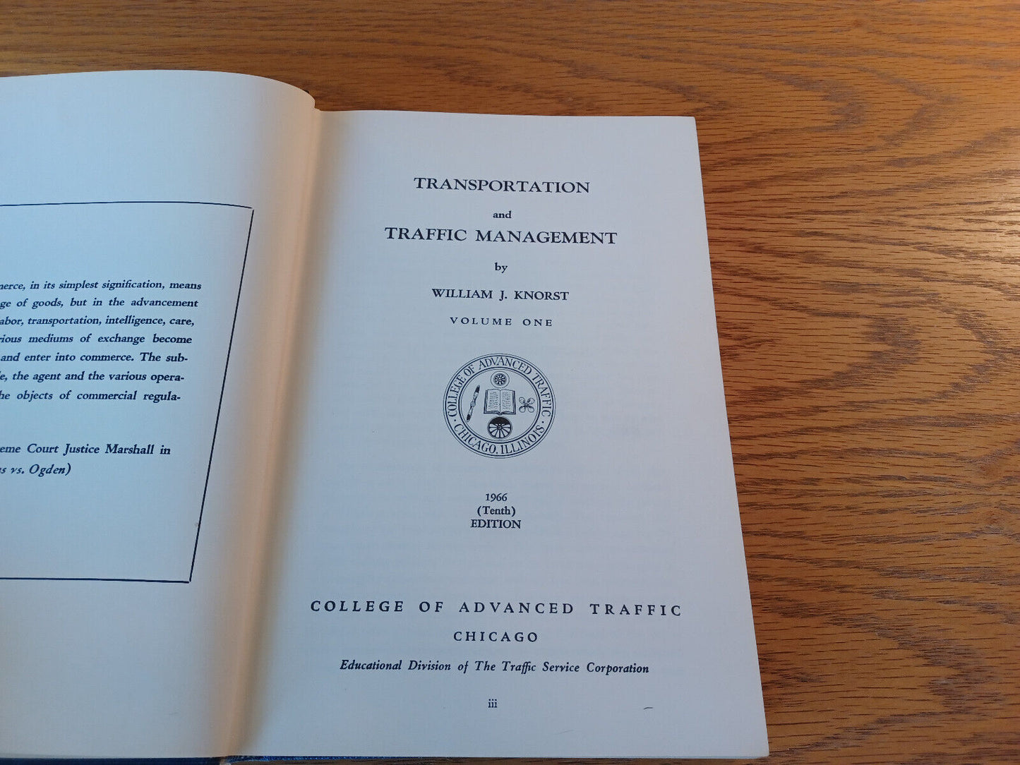 Transportation And Traffic Management William J Knorst Volume One 1966 Hardcover