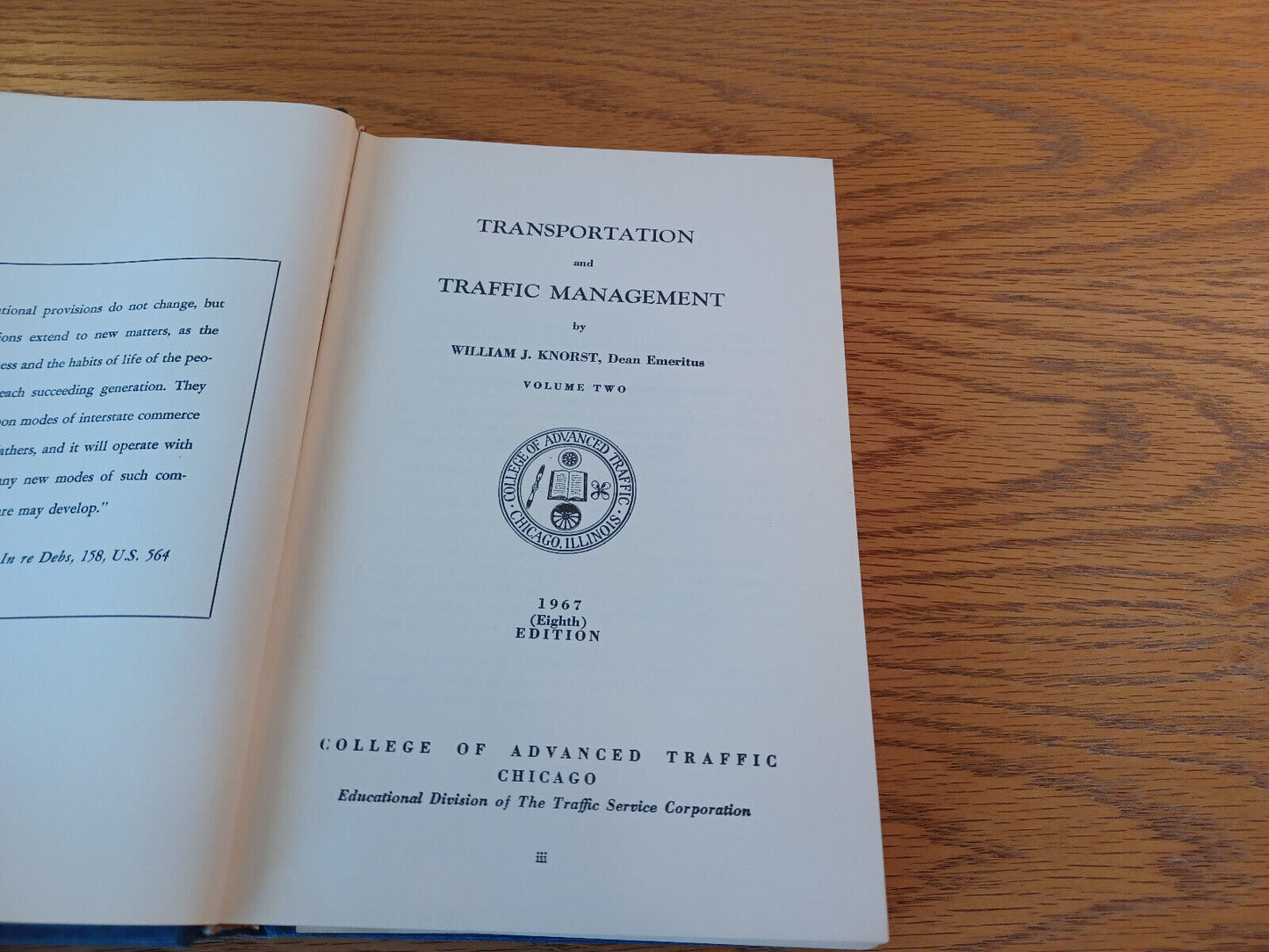 Transportation And Traffic Management William J Knorst Volume Two 1967 Hardcover