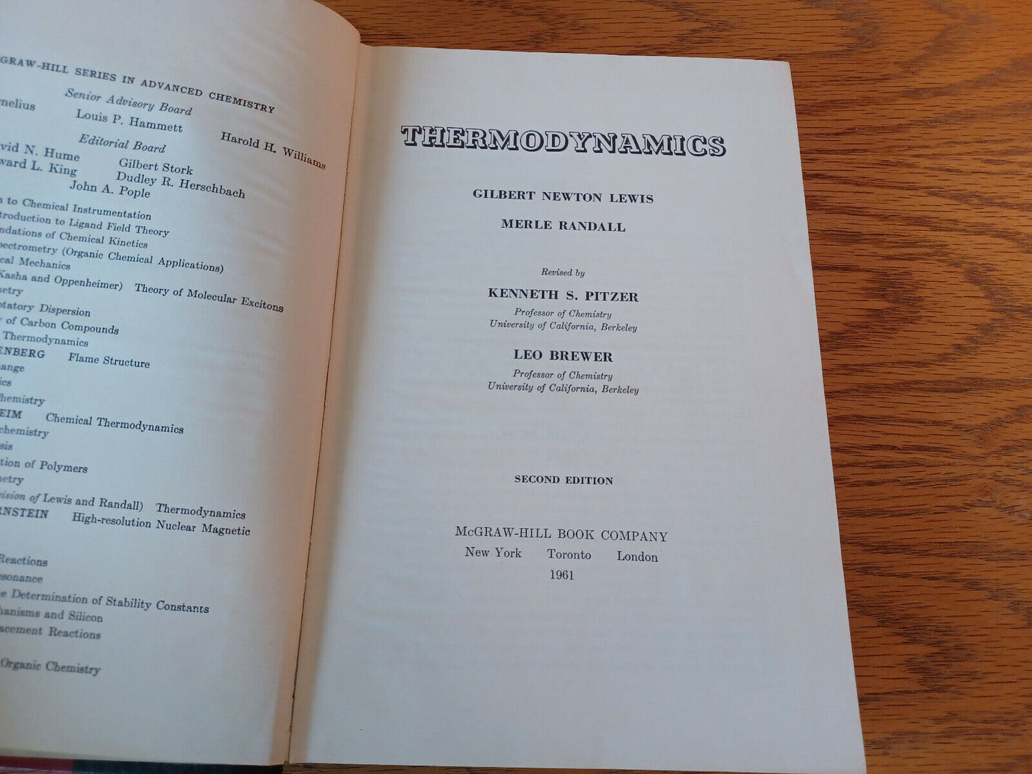 Thermodynamics 2nd Edition 1961 By Gilbert Newton Lewis & Merle Randall Hardcove