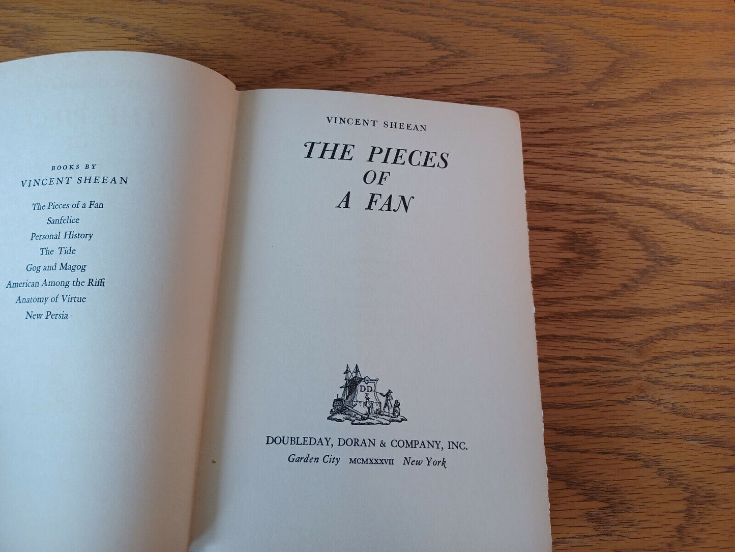 The Pieces Of A Fan Vincent Sheean 1937 1st Ed Hardcover Doubleday