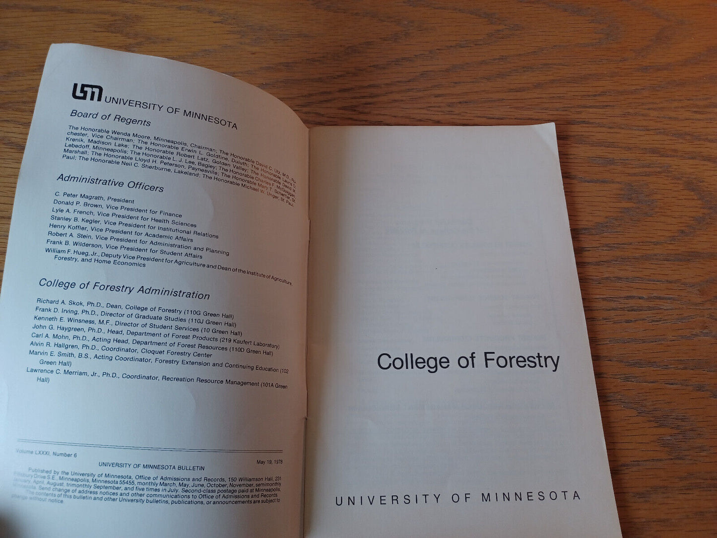 University Of Minnesota Bulletin 1978-1980 College Of Forestry Paperback