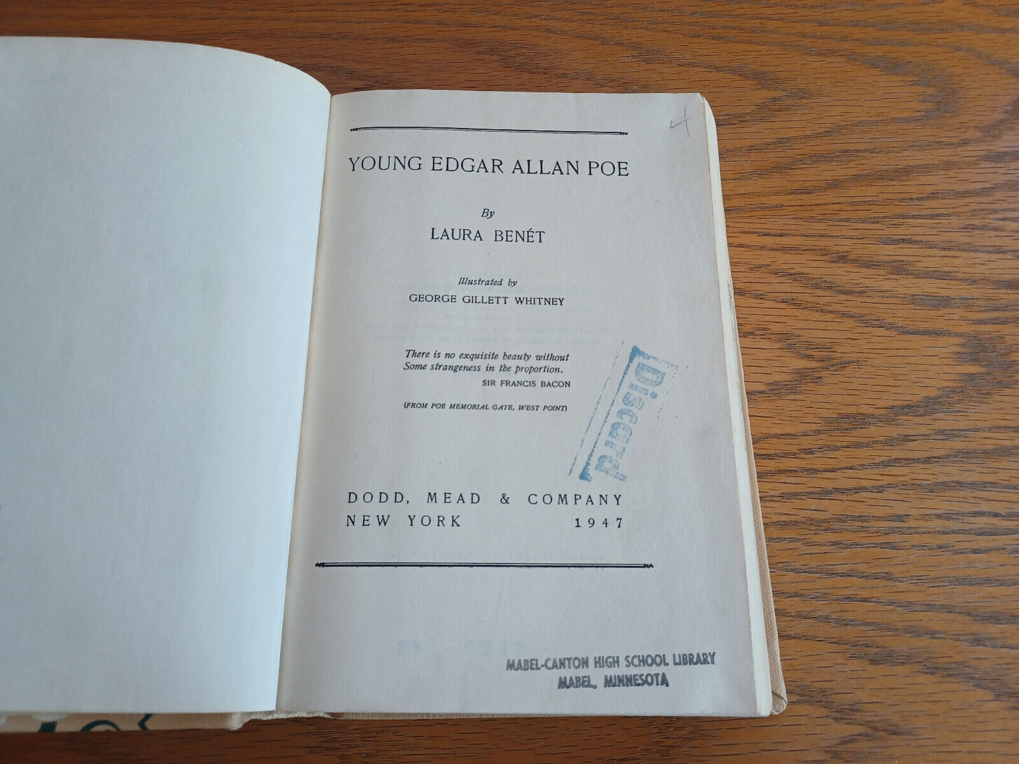 Young Edgar Allan Poe Laura Benet 1947 Hardcover Dodd Mead