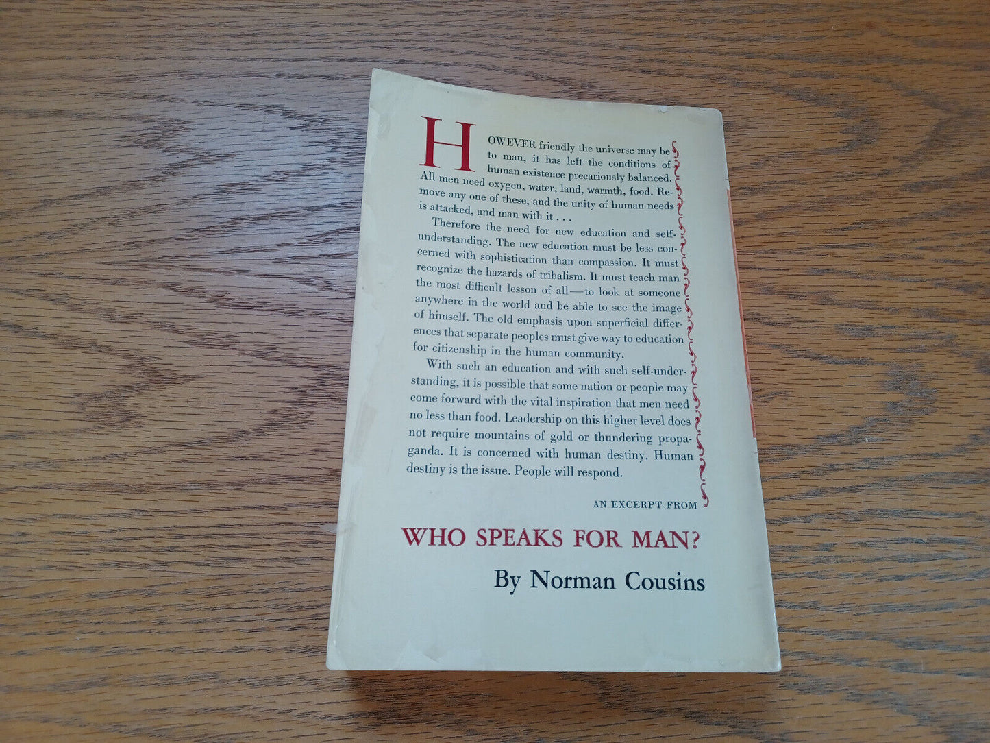 Who Speaks for Man Norman Cousins 1953 1st Printing Macmillan Paperback