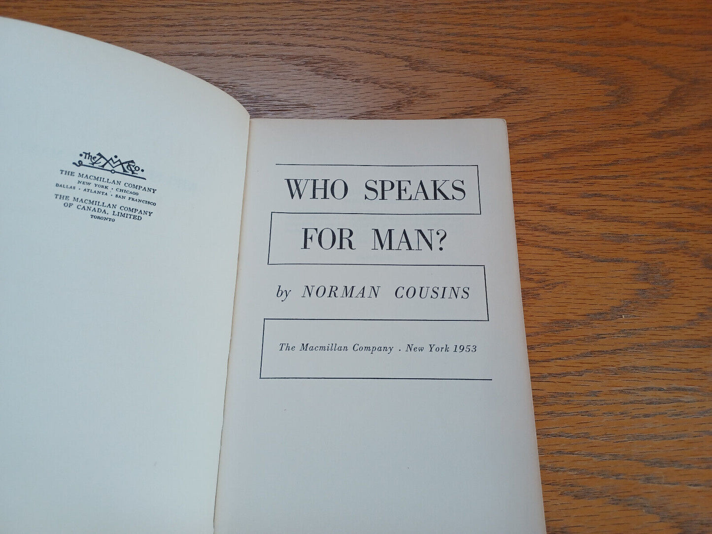 Who Speaks for Man Norman Cousins 1953 1st Printing Macmillan Paperback