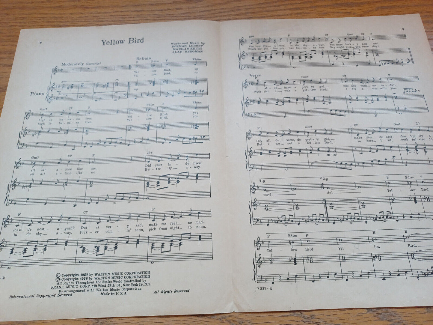 Yellow Bird Norman Luboff Marilyn Keith Alan Bergman 1958 Frank Music