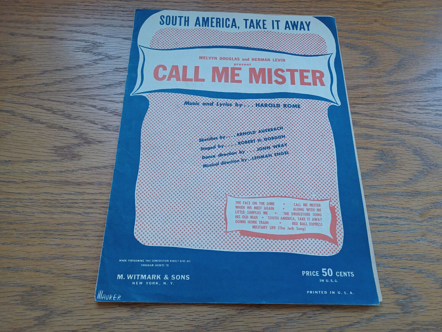 South America, Take It Away Harold Rome 1946 M Witmark & Sons