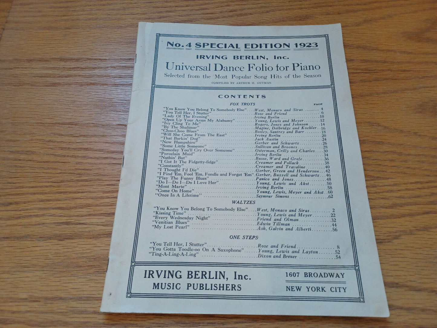 Universal Dance Folio For Piano Arthur H Gutman 1923 Irving Berlin