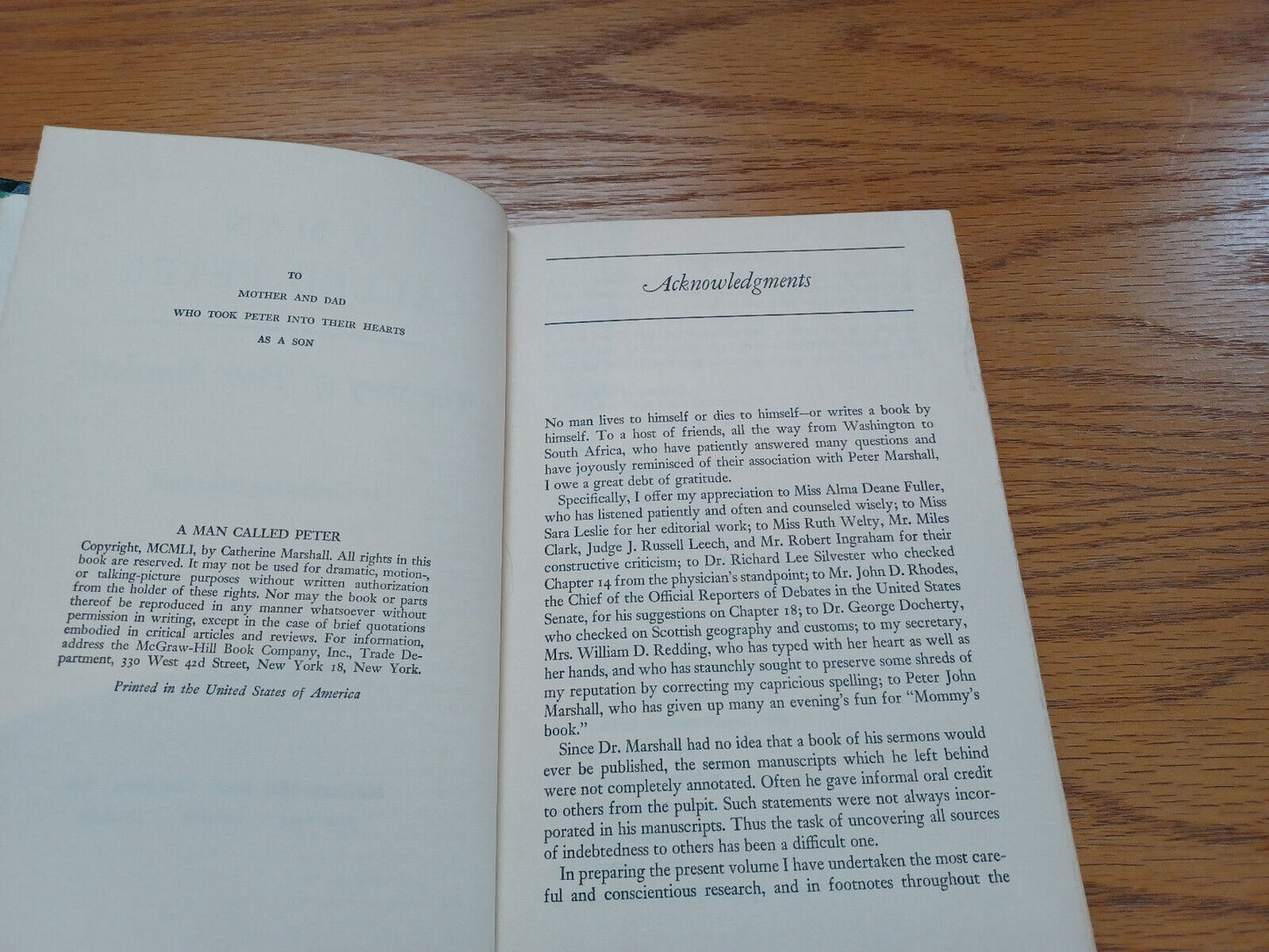 A Man Called Peter the Story of Peter Marshall Catherine Marshall 1951 McGraw Hi