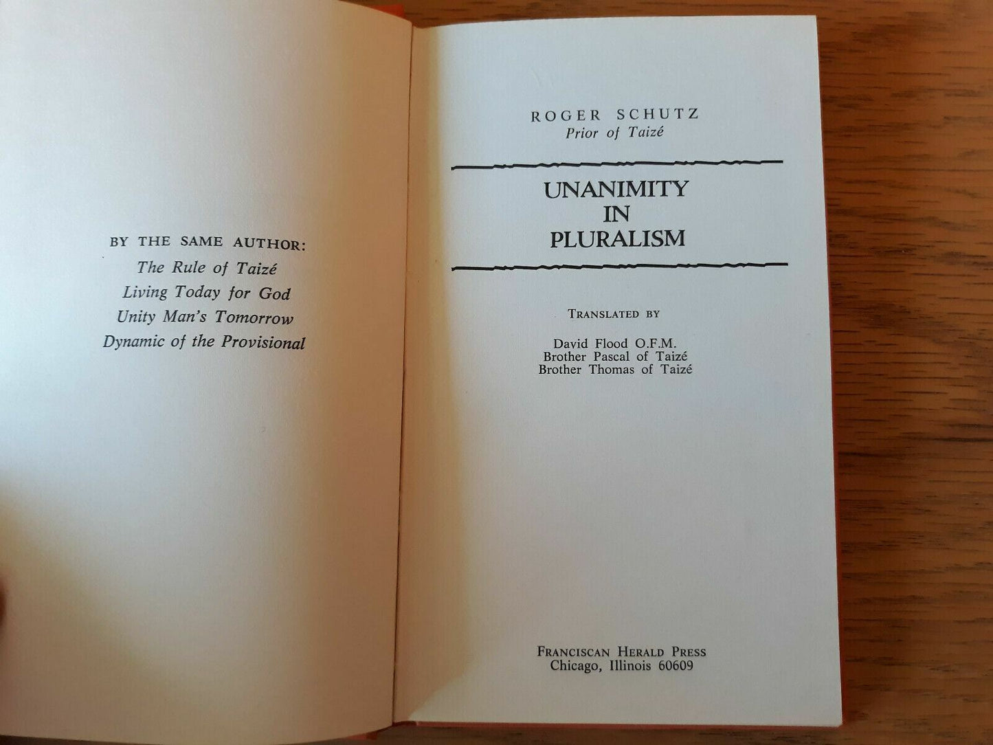 Unanimity in Pluralism Hardcover 1967 by Roger Schutz Prior of Taize