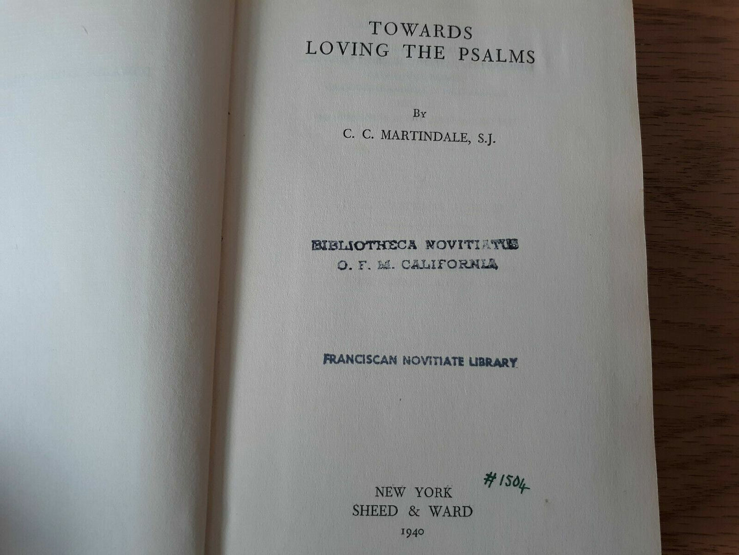 Towards Loving the Psalms Hardcover 1940 C. C. Martindale Sheed & Ward