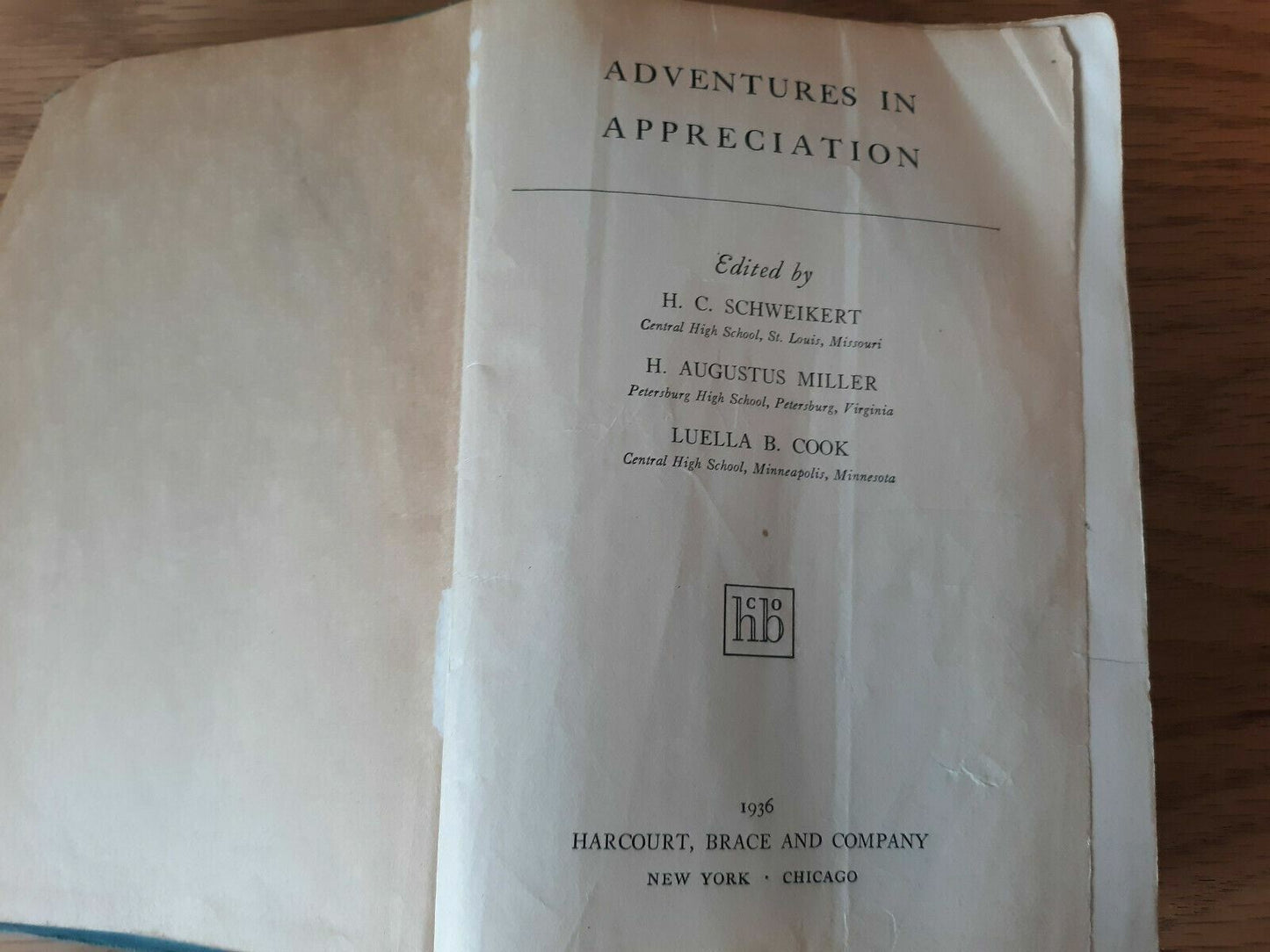 Adventures in Appreciation 1936  Cook Schweikert Miller Hardcover Harcourt, Bra
